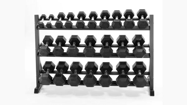 Twelve pairs of rubber hex dumbbells, 2.5kg to 30kg, on a black 153cm three-tier rack