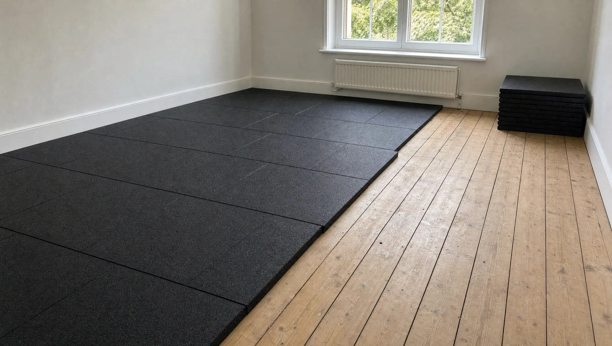 Black 1 m rubber gym tiles laid in a brick pattern over half of a wooden floorboard floor