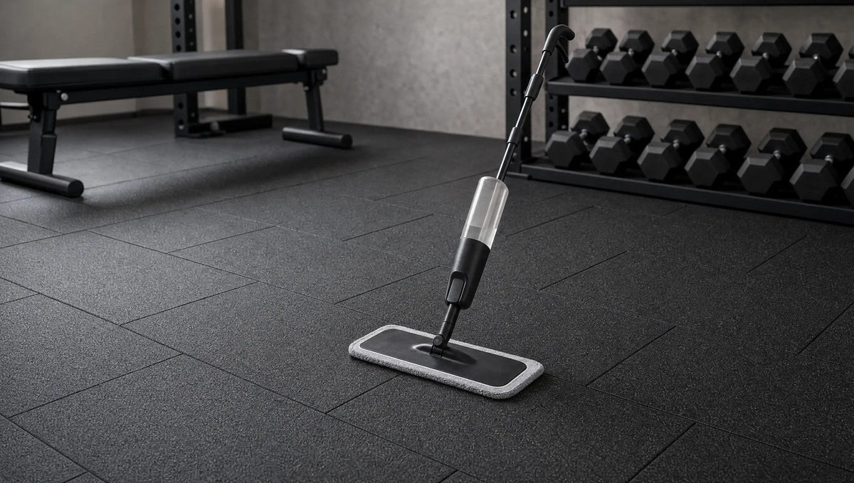Flat microfibre spray mop on a clean black rubber gym floor laid in a brick pattern