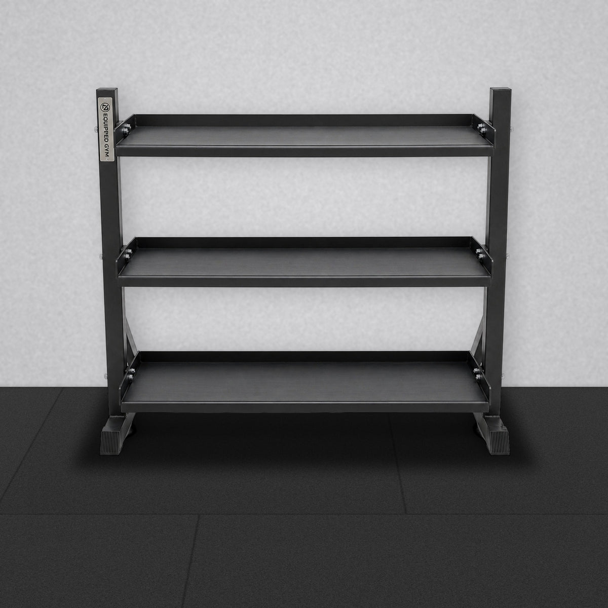 3-Tier Kettlebell Storage Rack 111cm on black rubber gym flooring.