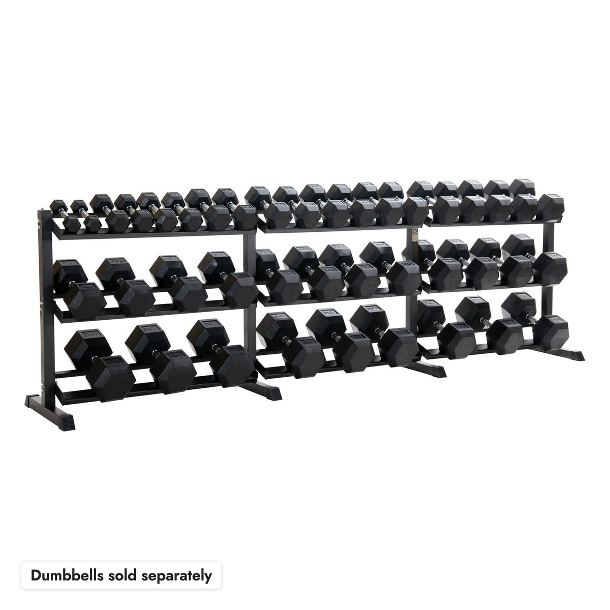 3-Tier Dumbbell Storage Rack 323cm, shown loaded. Dumbbells sold separately.