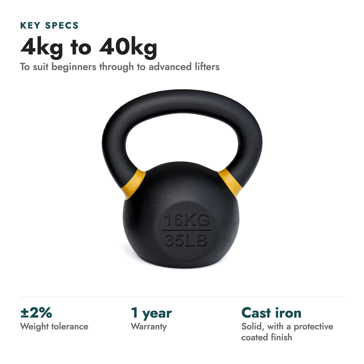 4kg-40kg Single Cast Iron Kettlebells. Key specs: 4kg to 40kg (To suit beginners through to advanced lifters). ±2% weight tolerance; 1 year warranty; Cast iron solid, with a protective coated finish.