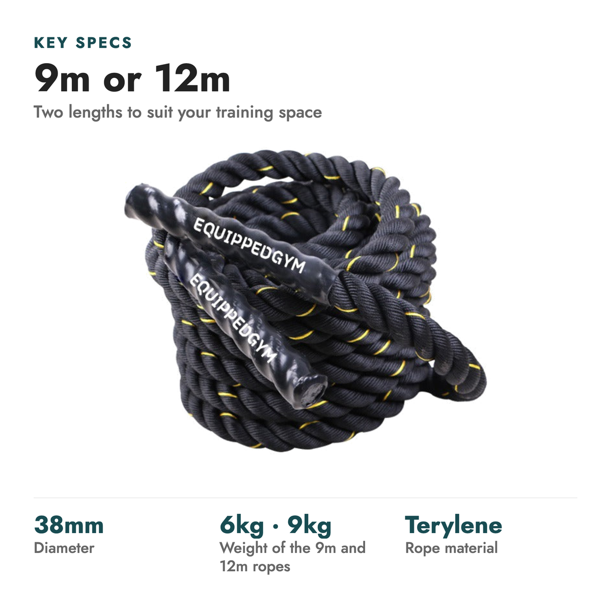 Sled Pulling Battle Rope 9m 12m. Key specs: 9m or 12m (Two lengths to suit your training space). 38mm diameter; 6kg · 9kg weight of the 9m and 12m ropes; Terylene rope material.