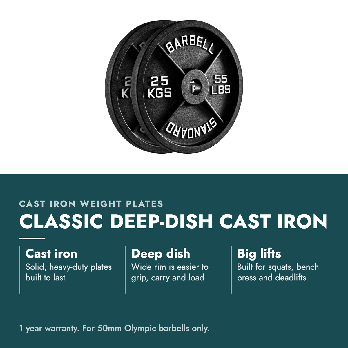 Cast Iron Weight Plates. Classic deep-dish cast iron. Cast iron: Solid, heavy-duty plates built to last; Deep dish: Wide rim is easier to grip, carry and load; Big lifts: Built for squats, bench press and deadlifts. 1 year warranty. For 50mm Olympic barbells only.
