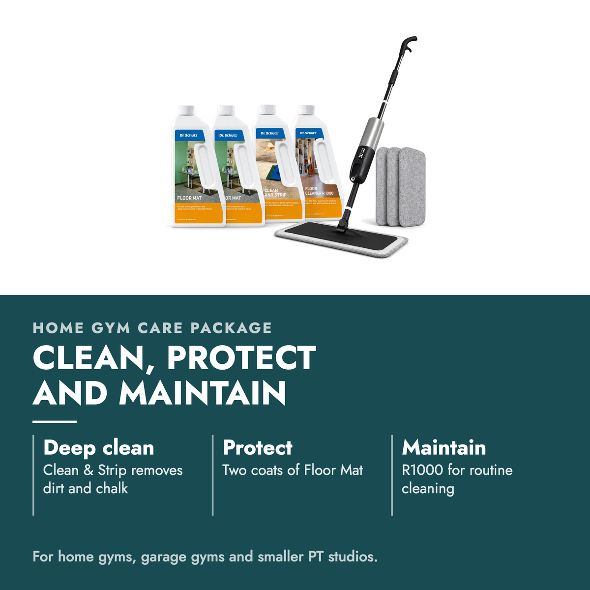 Home Gym Rubber Flooring Care Package – Clean, Protect & Maintain Up to 15m². Clean, protect and maintain. Deep clean: Clean & Strip removes dirt and chalk; Protect: Two coats of Floor Mat; Maintain: R1000 for routine cleaning. For home gyms, garage gyms and smaller PT studios.