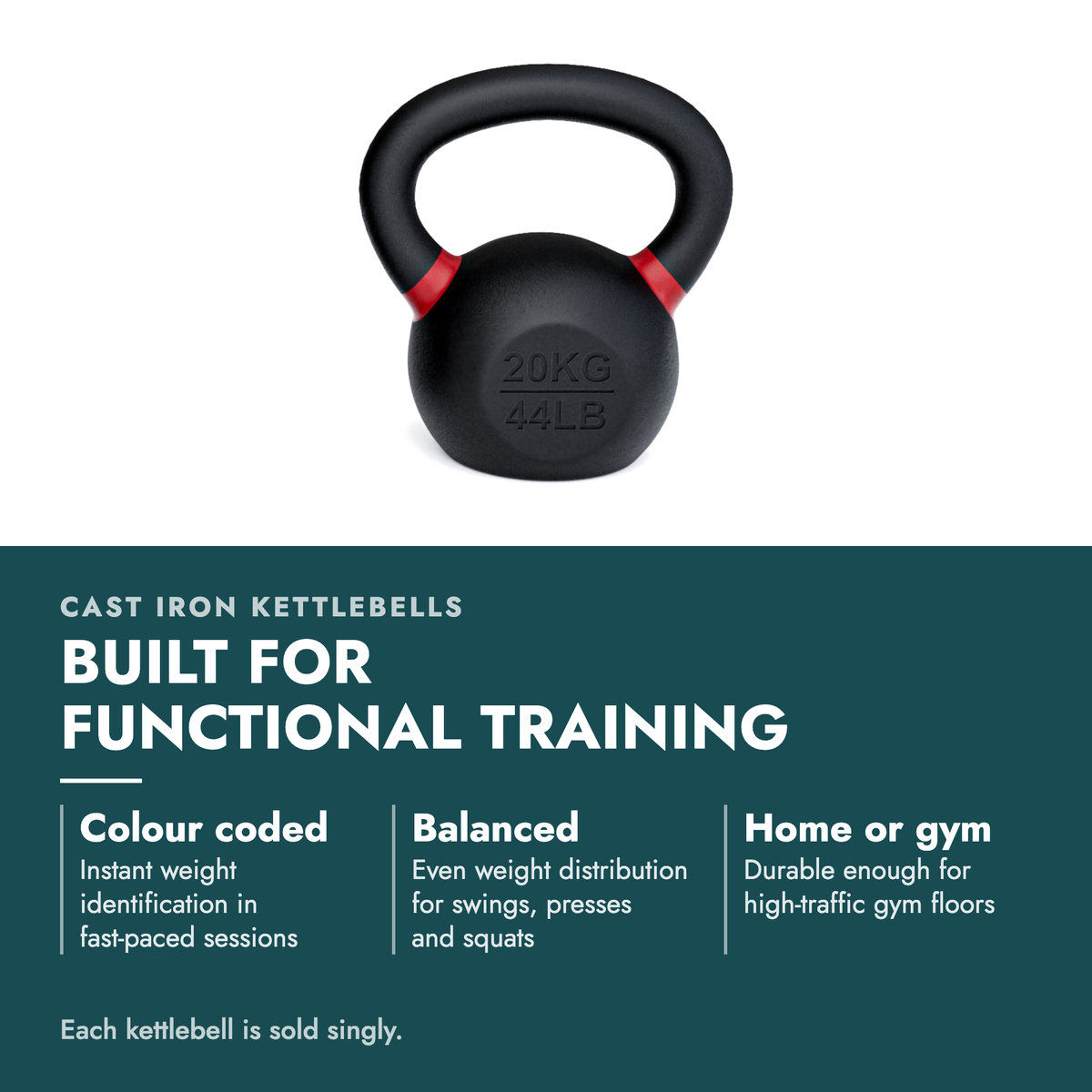 4kg-40kg Single Cast Iron Kettlebells. Built for functional training. Colour coded: Instant weight identification in fast-paced sessions; Balanced: Even weight distribution for swings, presses and squats; Home or gym: Durable enough for high-traffic gym floors. Each kettlebell is sold singly.