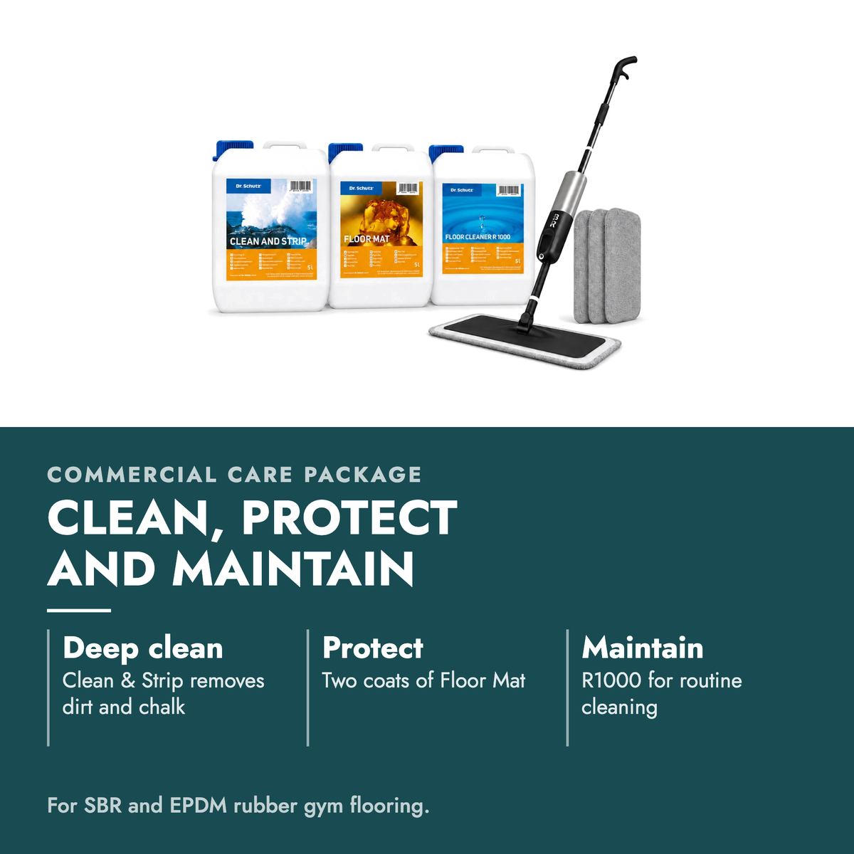 Commercial Gym Rubber Flooring Care Package – Professional 5L Cleaning & Protection System. Clean, protect and maintain. Deep clean: Clean & Strip removes dirt and chalk; Protect: Two coats of Floor Mat; Maintain: R1000 for routine cleaning. For SBR and EPDM rubber gym flooring.