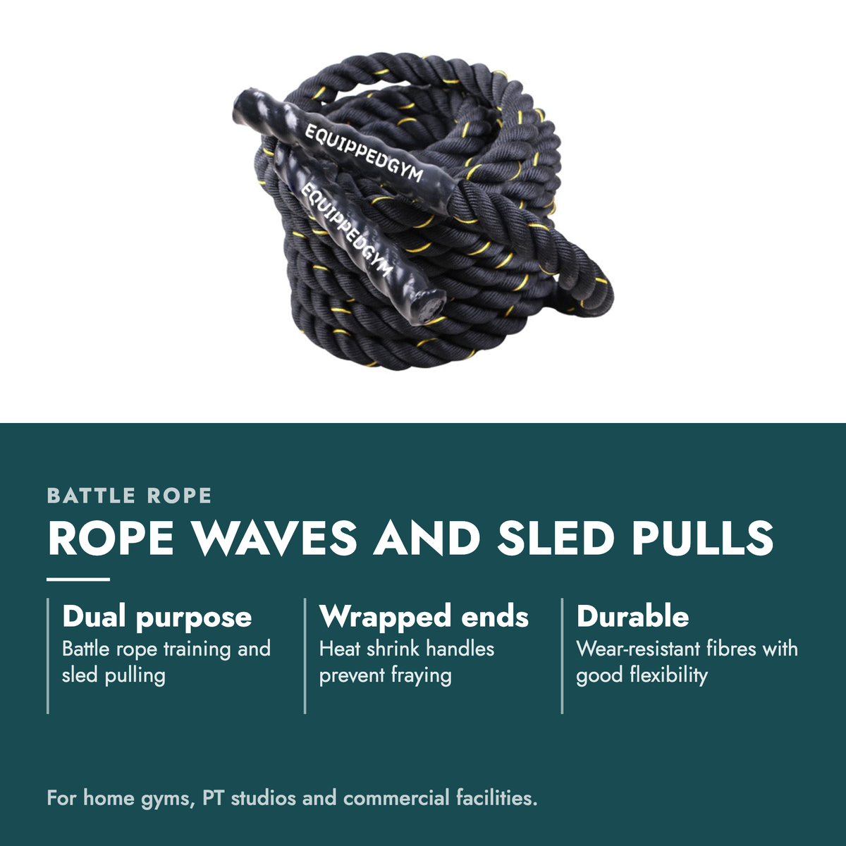 Sled Pulling Battle Rope 9m 12m. Rope waves and sled pulls. Dual purpose: Battle rope training and sled pulling; Wrapped ends: Heat shrink handles prevent fraying; Durable: Wear-resistant fibres with good flexibility. For home gyms, PT studios and commercial facilities.