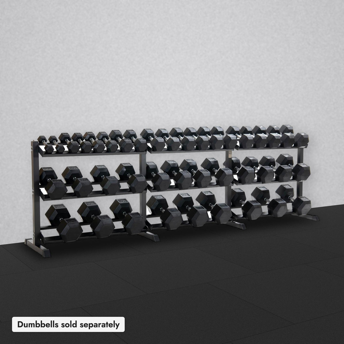 3-Tier Dumbbell Storage Rack 323cm on black rubber gym flooring. Dumbbells sold separately.