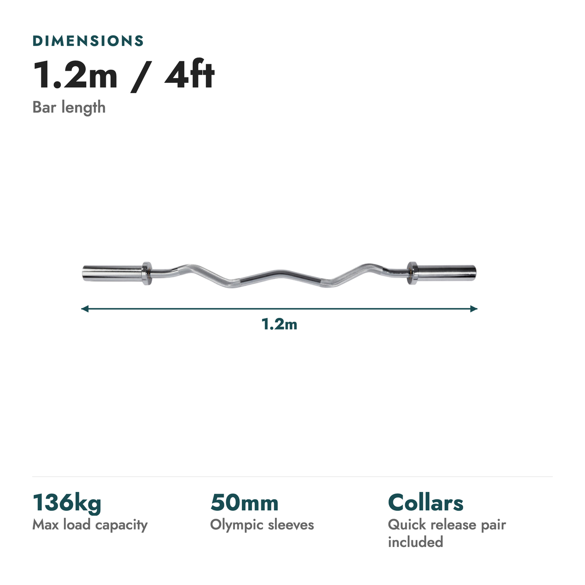 Olympic EZ Curl Barbell & Collars. Dimensions: 1.2m / 4ft (Bar length). 136kg max load capacity; 50mm olympic sleeves; Collars quick release pair included.