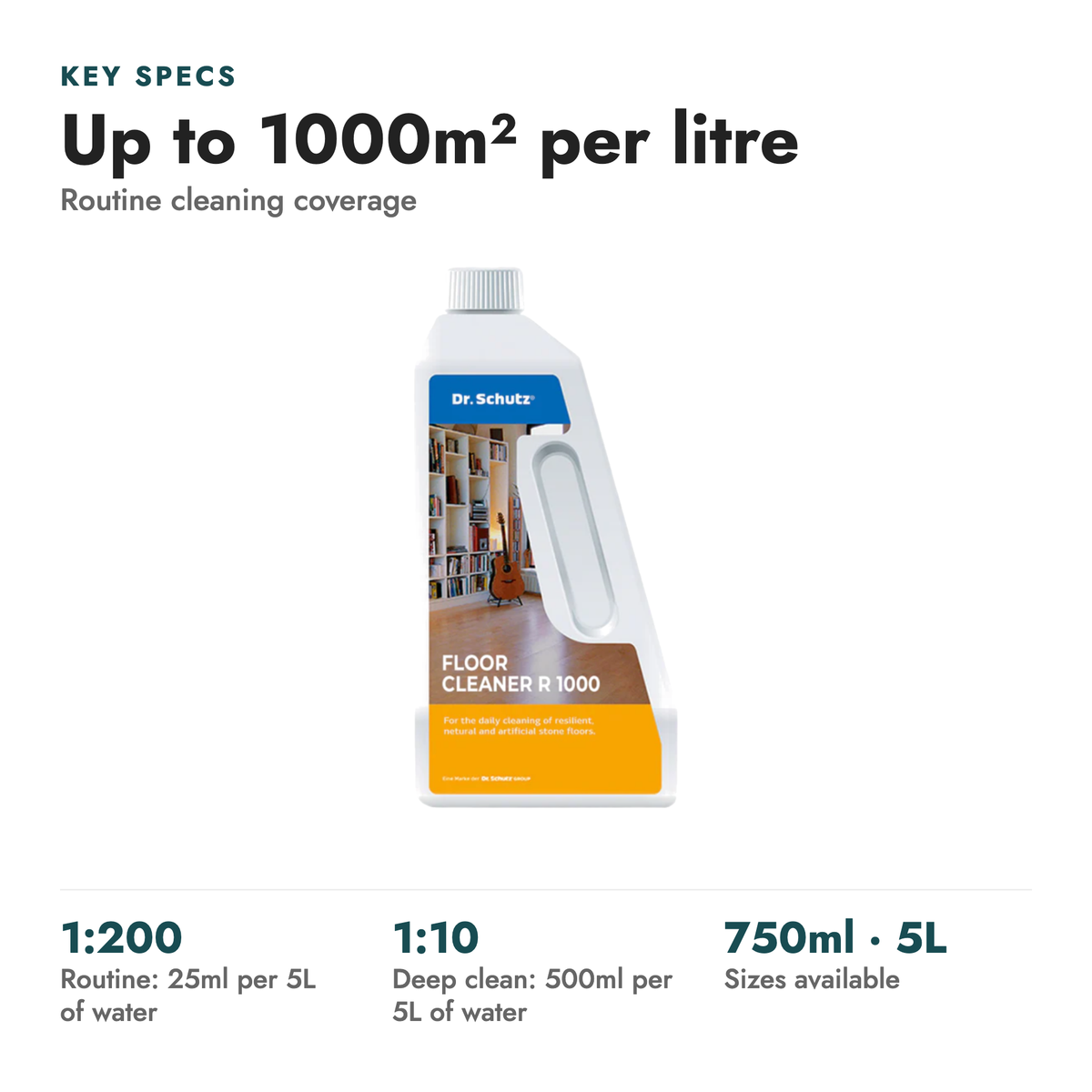 Rubber Gym Mat Floor Daily Cleaner. Key specs: Up to 1000m² per litre (Routine cleaning coverage). 1:200 routine: 25ml per 5L of water; 1:10 deep clean: 500ml per 5L of water; 750ml · 5L sizes available.