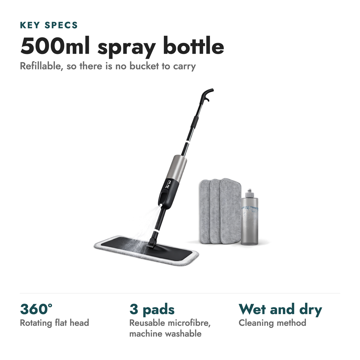 Microfibre Spray Mop Gym Flooring Cleaner. Key specs: 500ml spray bottle (Refillable, so there is no bucket to carry). 360° rotating flat head; 3 pads reusable microfibre, machine washable; Wet and dry cleaning method.
