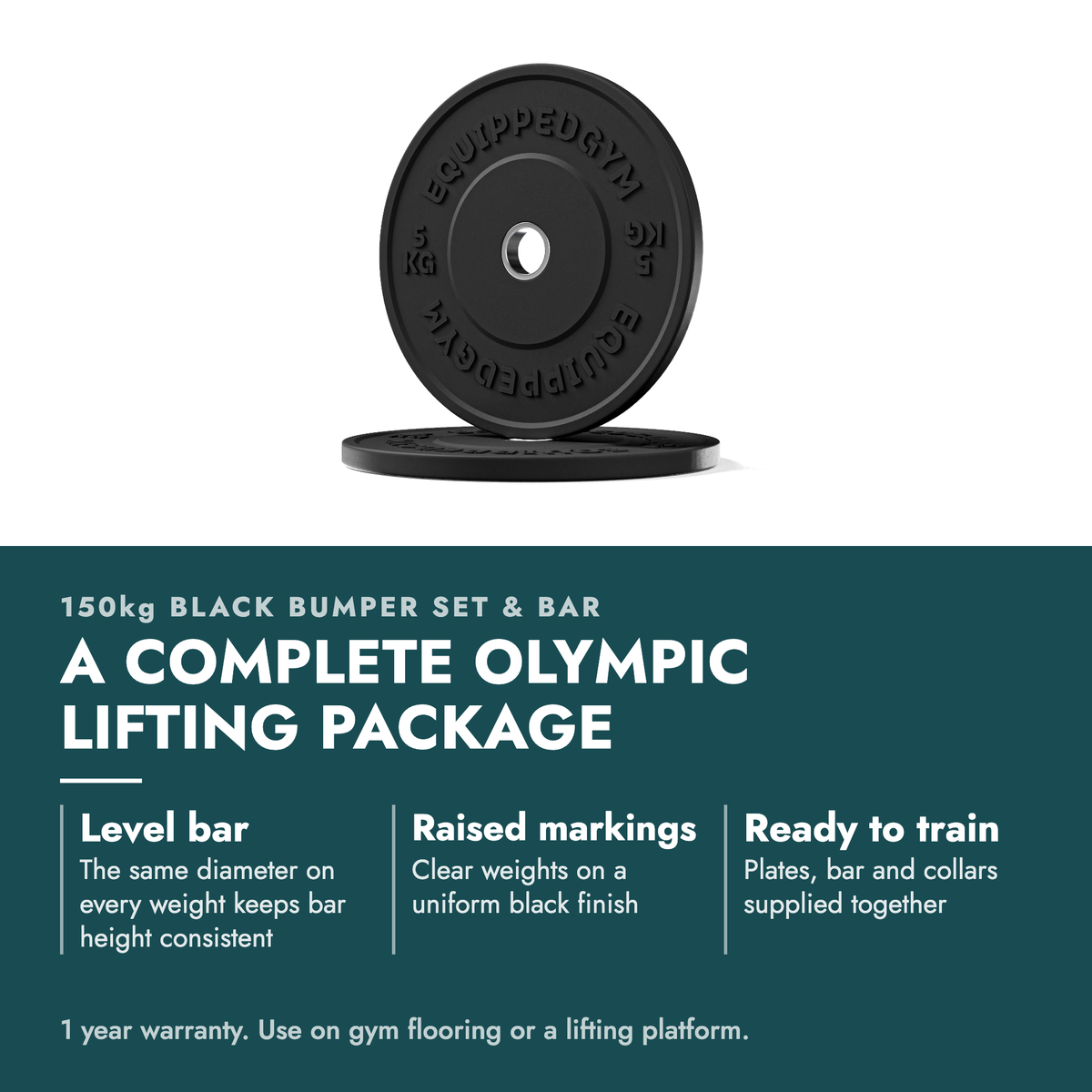 Olympic Black Bumper Plates 5kg-25kg Set & Barbell. A complete Olympic lifting package. Level bar: The same diameter on every weight keeps bar height consistent; Raised markings: Clear weights on a uniform black finish; Ready to train: Plates, bar and collars supplied together. 1 year warranty.…