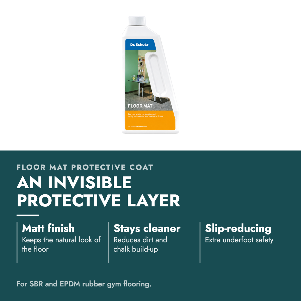 Floor Mat Protective Coat for Rubber Gym Flooring. An invisible protective layer. Matt finish: Keeps the natural look of the floor; Stays cleaner: Reduces dirt and chalk build-up; Slip-reducing: Extra underfoot safety. For SBR and EPDM rubber gym flooring.