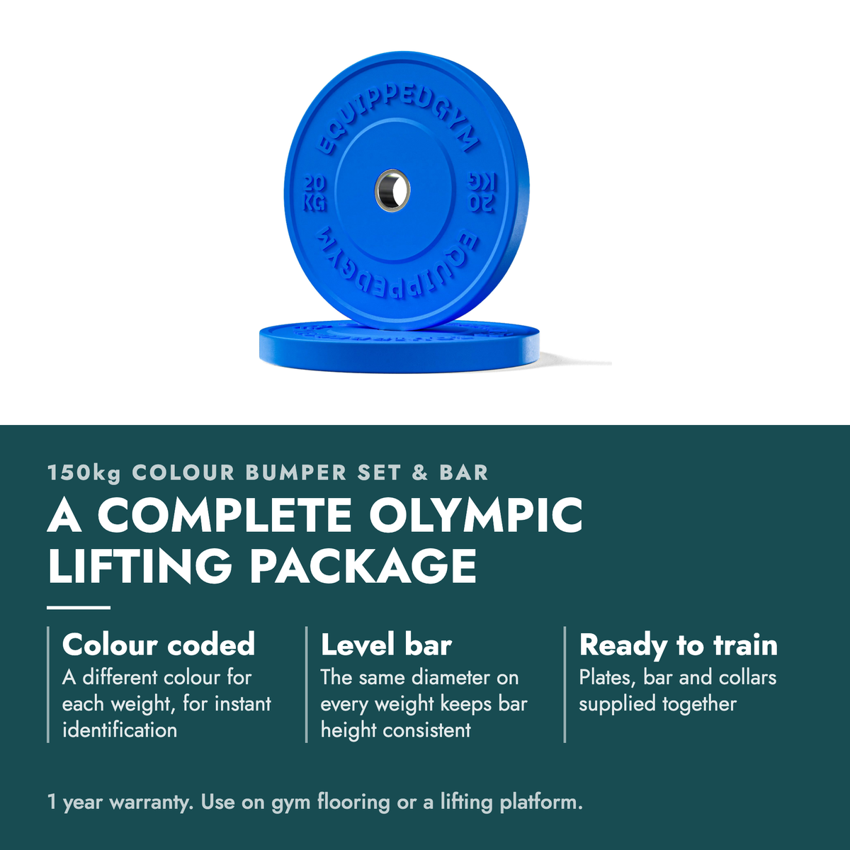 Olympic Colour Bumper Plates 5kg-25kg Set & Barbell. A complete Olympic lifting package. Colour coded: A different colour for each weight, for instant identification; Level bar: The same diameter on every weight keeps bar height consistent; Ready to train: Plates, bar and collars supplied…