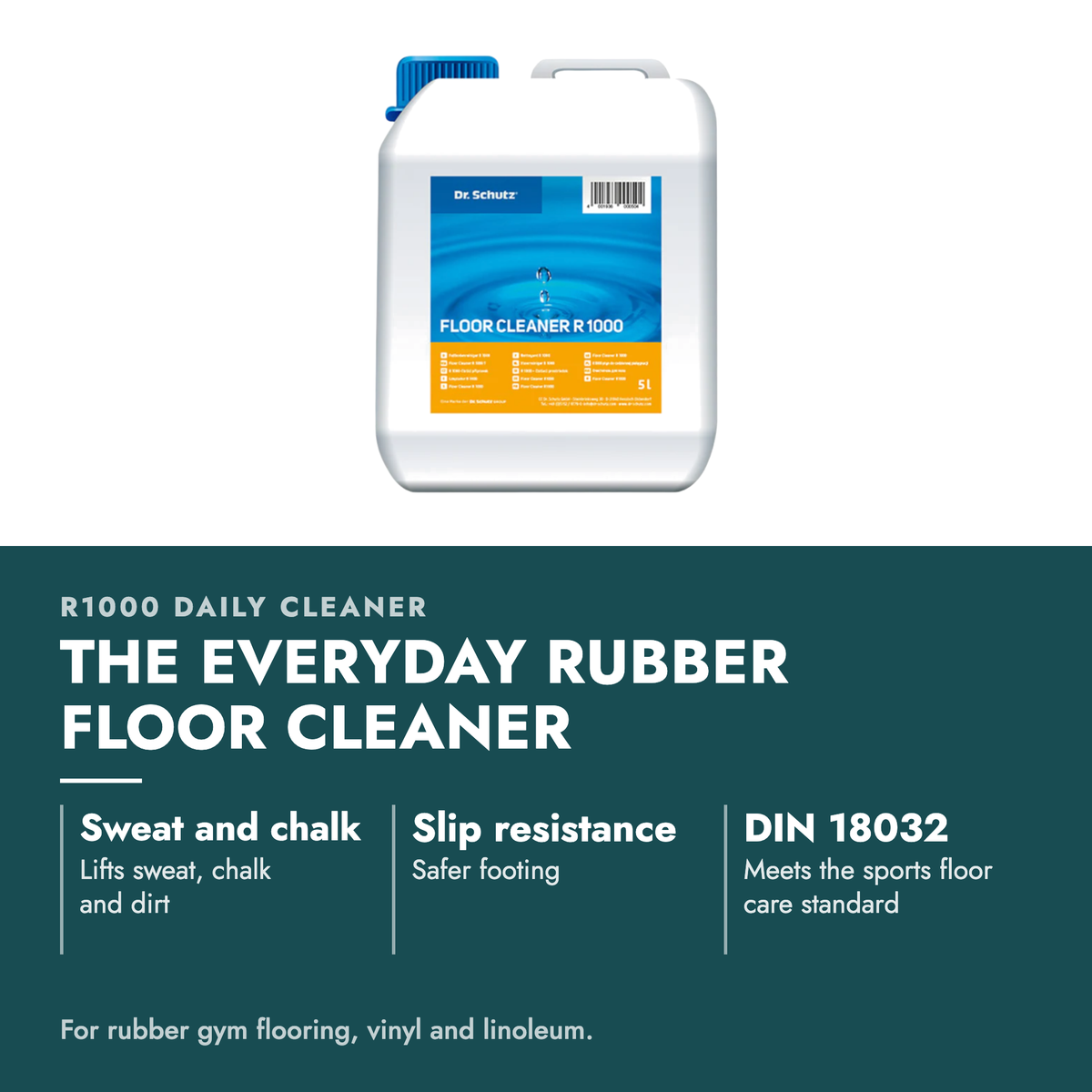 Rubber Gym Mat Floor Daily Cleaner. The everyday rubber floor cleaner. Sweat and chalk: Lifts sweat, chalk and dirt; Slip resistance: Safer footing; DIN 18032: Meets the sports floor care standard. For rubber gym flooring, vinyl and linoleum.