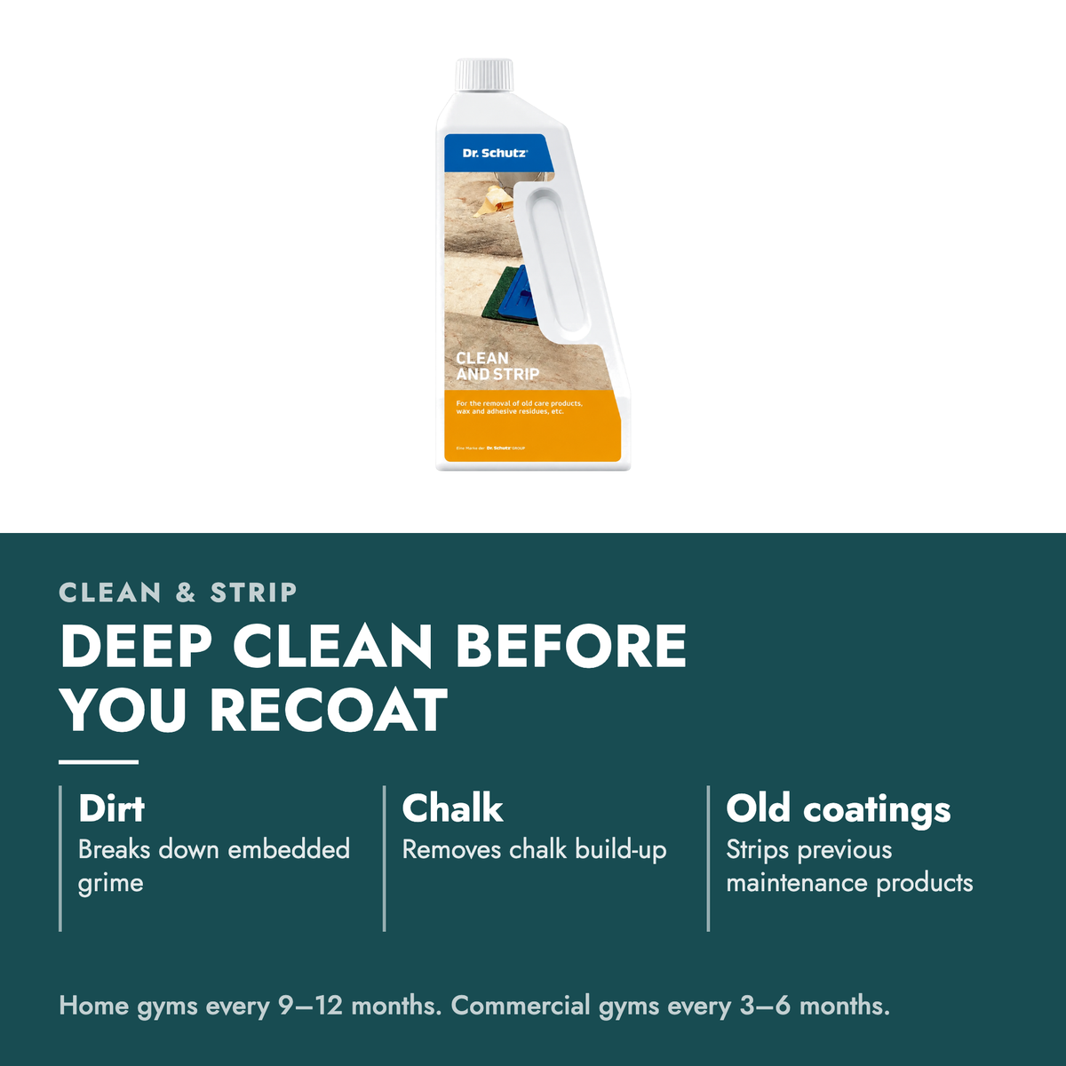 Clean & Strip for Rubber Gym Flooring. Deep clean before you recoat. Dirt: Breaks down embedded grime; Chalk: Removes chalk build-up; Old coatings: Strips previous maintenance products. Home gyms every 9–12 months. Commercial gyms every 3–6 months.