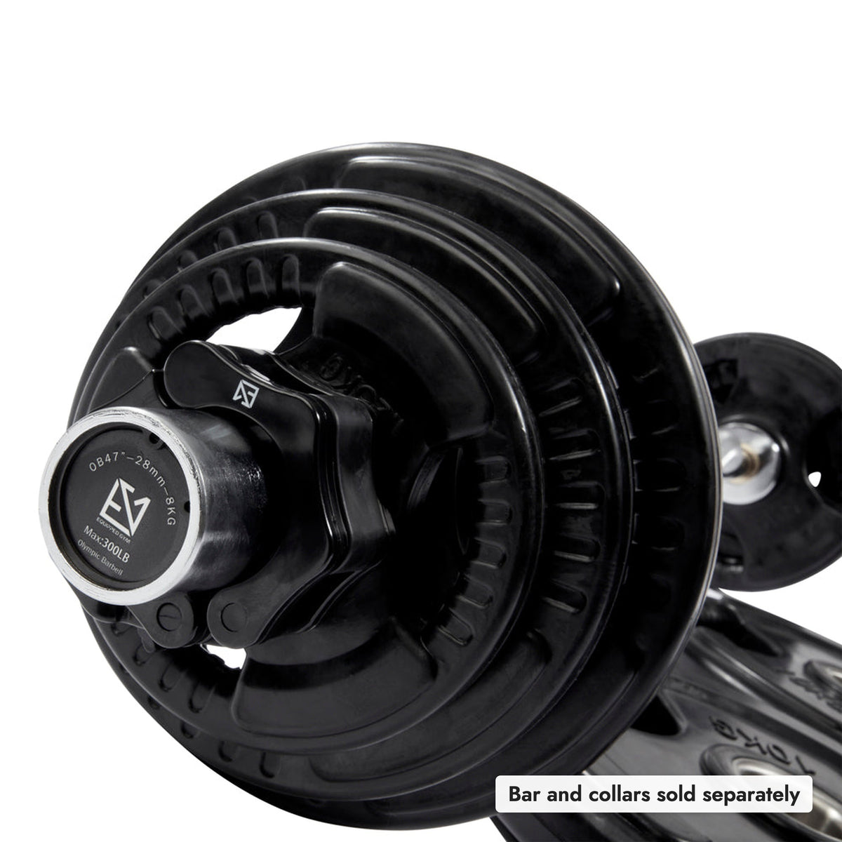 Olympic Rubber Tri-Grip Weight Plates, shown loaded. Bar and collars sold separately.