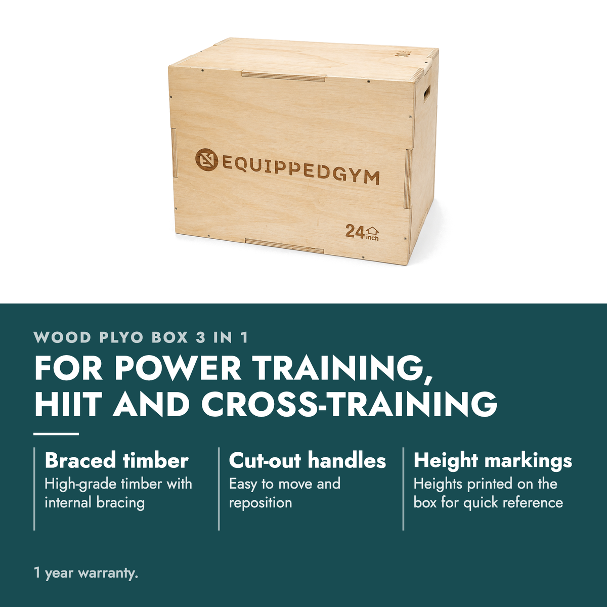 Wood Plyo Box 3 in 1. For power training, HIIT and cross-training. Braced timber: High-grade timber with internal bracing; Cut-out handles: Easy to move and reposition; Height markings: Heights printed on the box for quick reference. 1 year warranty.