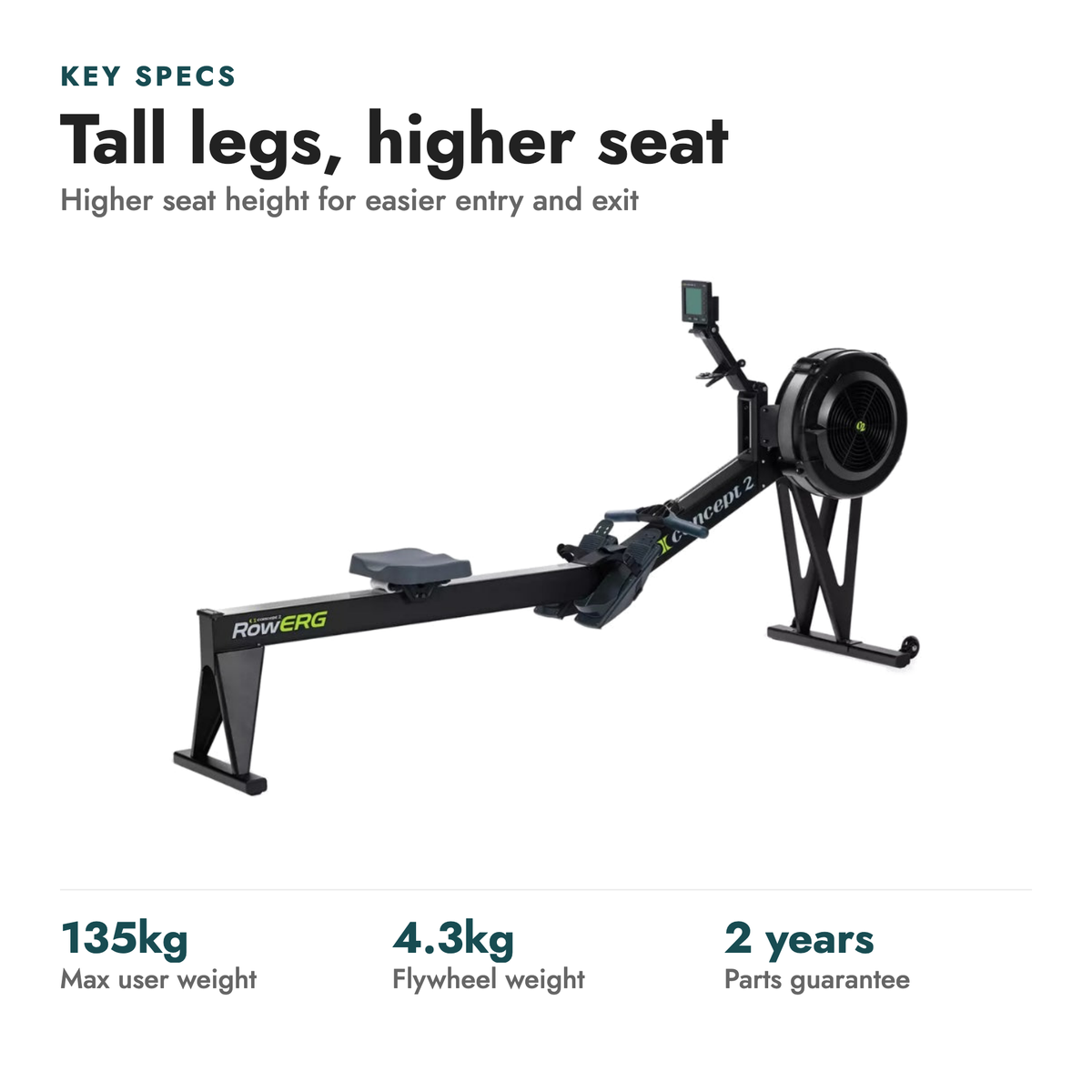 Concept2 RowErg (w/ Tall Legs) Rowing Machine. Key specs: Tall legs, higher seat (Higher seat height for easier entry and exit). 135kg max user weight; 4.3kg flywheel weight; 2 years parts guarantee.