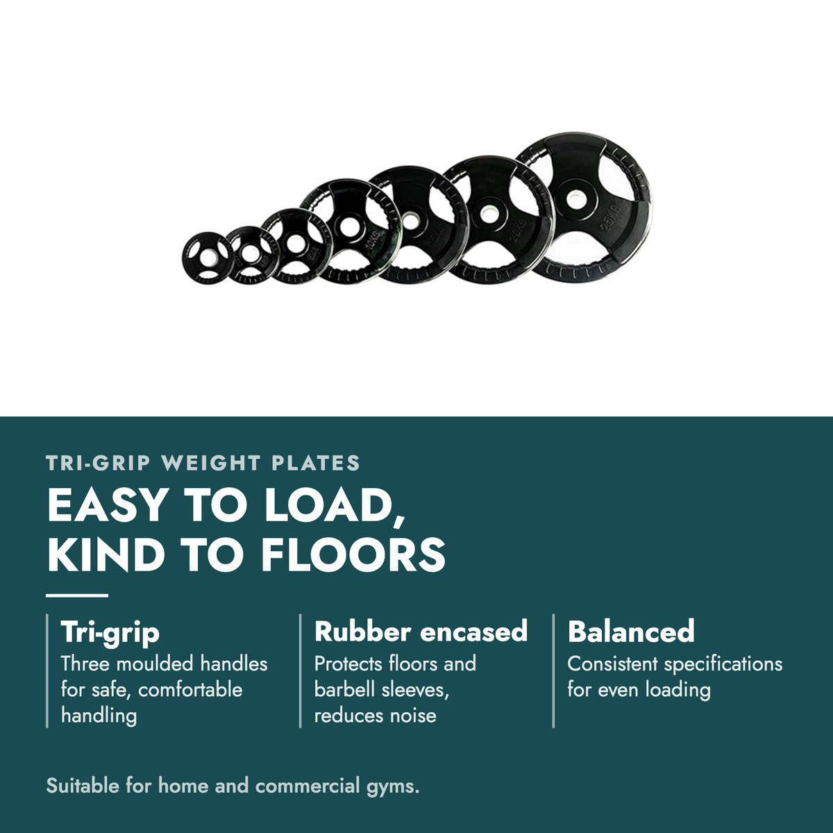 Olympic Rubber Tri-Grip Weight Plates. Easy to load, kind to floors. Tri-grip: Three moulded handles for safe, comfortable handling; Rubber encased: Protects floors and barbell sleeves, reduces noise; Balanced: Consistent specifications for even loading. Suitable for home and commercial gyms.