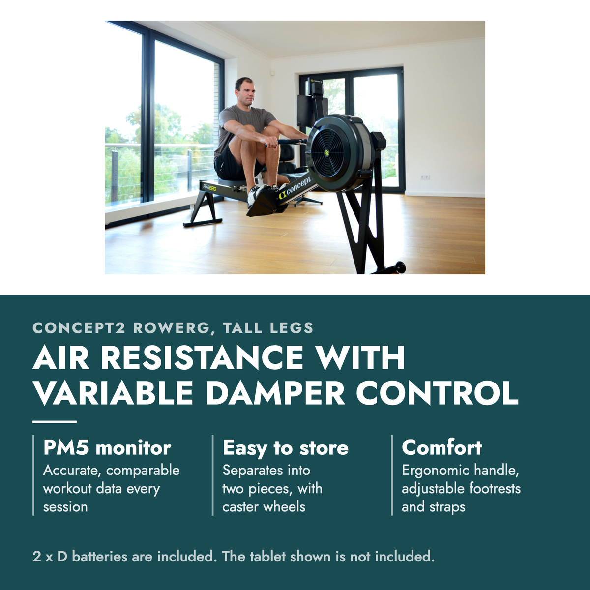 Concept2 RowErg (w/ Tall Legs) Rowing Machine. Air resistance with variable damper control. PM5 monitor: Accurate, comparable workout data every session; Easy to store: Separates into two pieces, with caster wheels; Comfort: Ergonomic handle, adjustable footrests and straps. 2 x D batteries are…