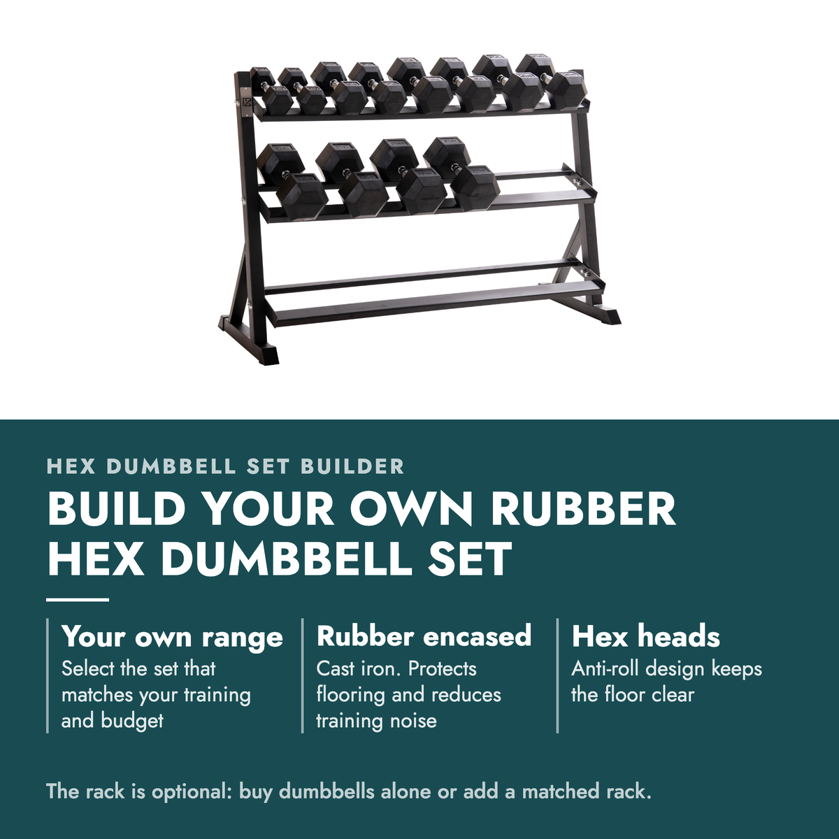 Custom Hex Dumbbell Set Builder With Optional Rack. Build your own rubber hex dumbbell set. Your own range: Select the set that matches your training and budget; Rubber encased: Cast iron. Protects flooring and reduces training noise; Hex heads: Anti-roll design keeps the floor clear. The rack is…