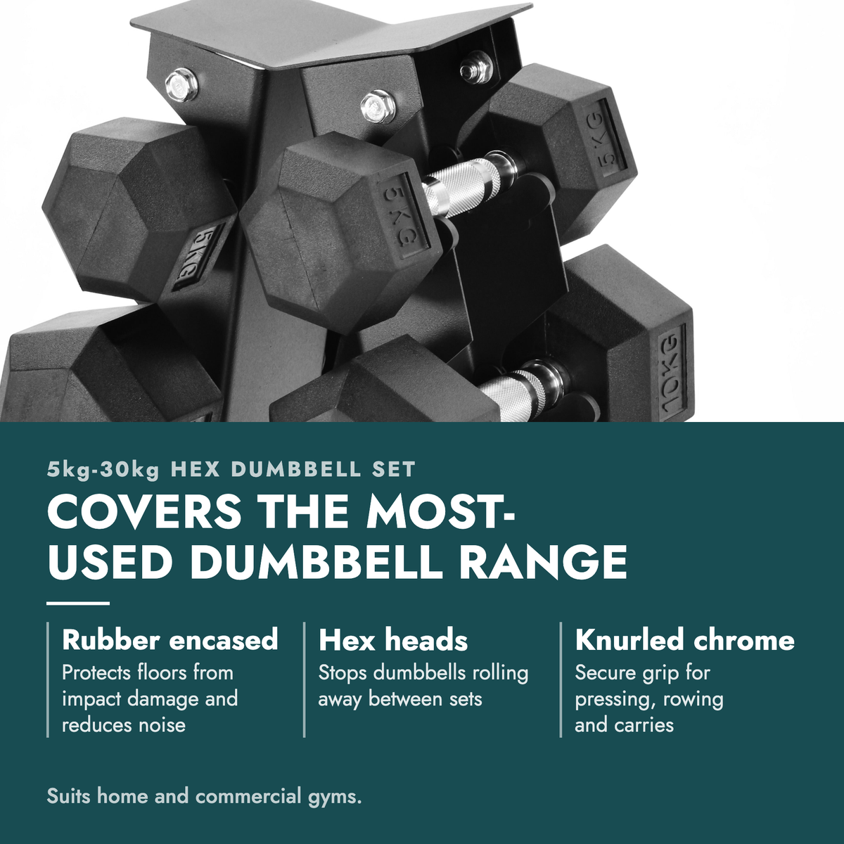 5kg-30kg Hex Dumbbell Set & 6-Tier Rack. Covers the most-used dumbbell range. Rubber encased: Protects floors from impact damage and reduces noise; Hex heads: Stops dumbbells rolling away between sets; Knurled chrome: Secure grip for pressing, rowing and carries. Suits home and commercial gyms.