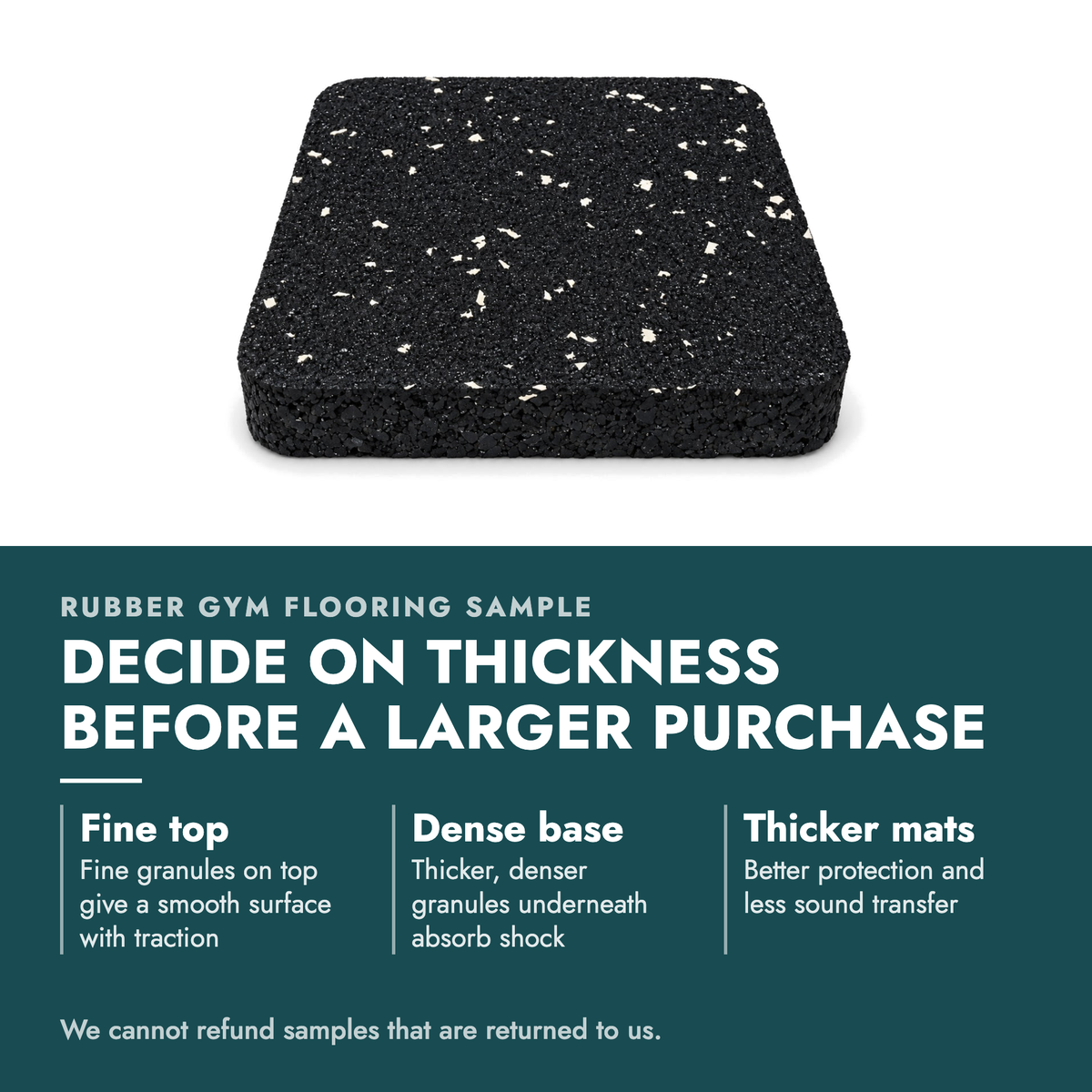 Sample - Rubber Gym Flooring. Decide on thickness before a larger purchase. Fine top: Fine granules on top give a smooth surface with traction; Dense base: Thicker, denser granules underneath absorb shock; Thicker mats: Better protection and less sound transfer. We cannot refund samples that are…