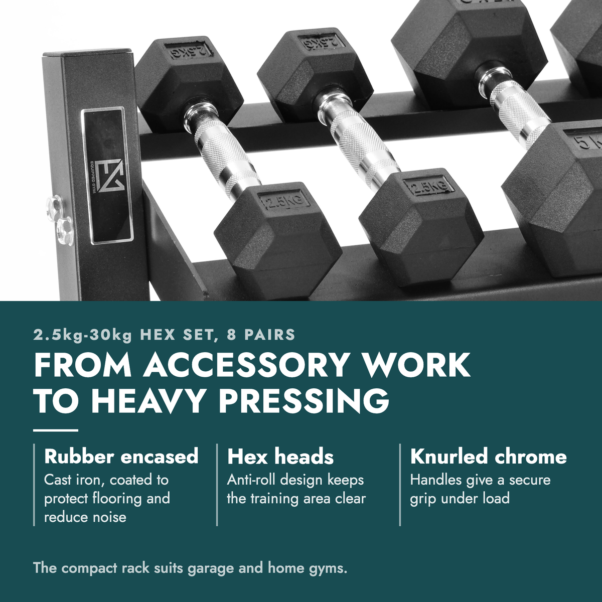 2.5kg-30kg Hex Dumbbell Set & 3-Tier Rack. From accessory work to heavy pressing. Rubber encased: Cast iron, coated to protect flooring and reduce noise; Hex heads: Anti-roll design keeps the training area clear; Knurled chrome: Handles give a secure grip under load. The compact rack suits garage…