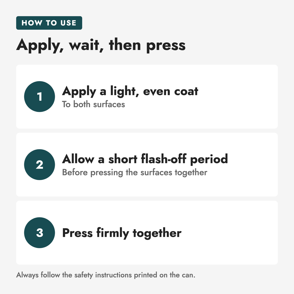 Rubber Floor Spray Contact Adhesive 500ml. Apply, wait, then press: 1 Apply a light, even coat, To both surfaces; 2 Allow a short flash-off period, Before pressing the surfaces together; 3 Press firmly together. Always follow the safety instructions printed on the can.