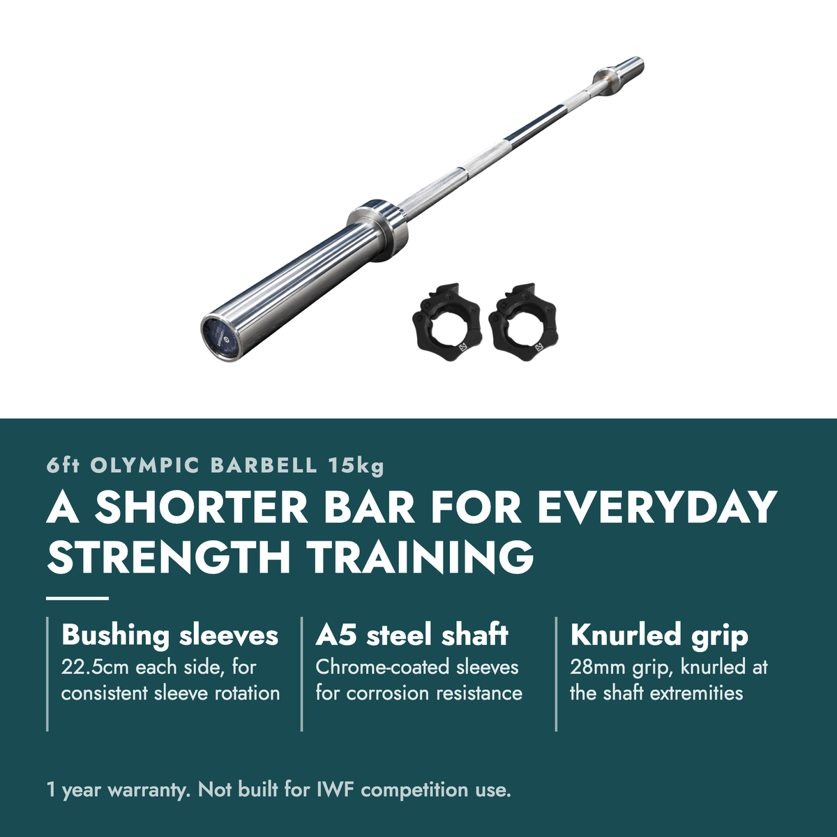 6ft Olympic International Barbell 15kg & Collars. A shorter bar for everyday strength training. Bushing sleeves: 22.5cm each side, for consistent sleeve rotation; A5 steel shaft: Chrome-coated sleeves for corrosion resistance; Knurled grip: 28mm grip, knurled at the shaft extremities. 1 year…