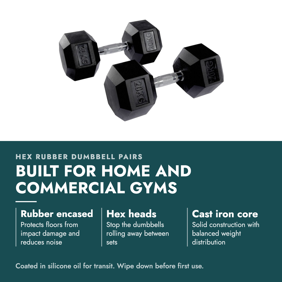 Hex Rubber Dumbbell Pairs (KG). Built for home and commercial gyms. Rubber encased: Protects floors from impact damage and reduces noise; Hex heads: Stop the dumbbells rolling away between sets; Cast iron core: Solid construction with balanced weight distribution. Coated in silicone oil for…