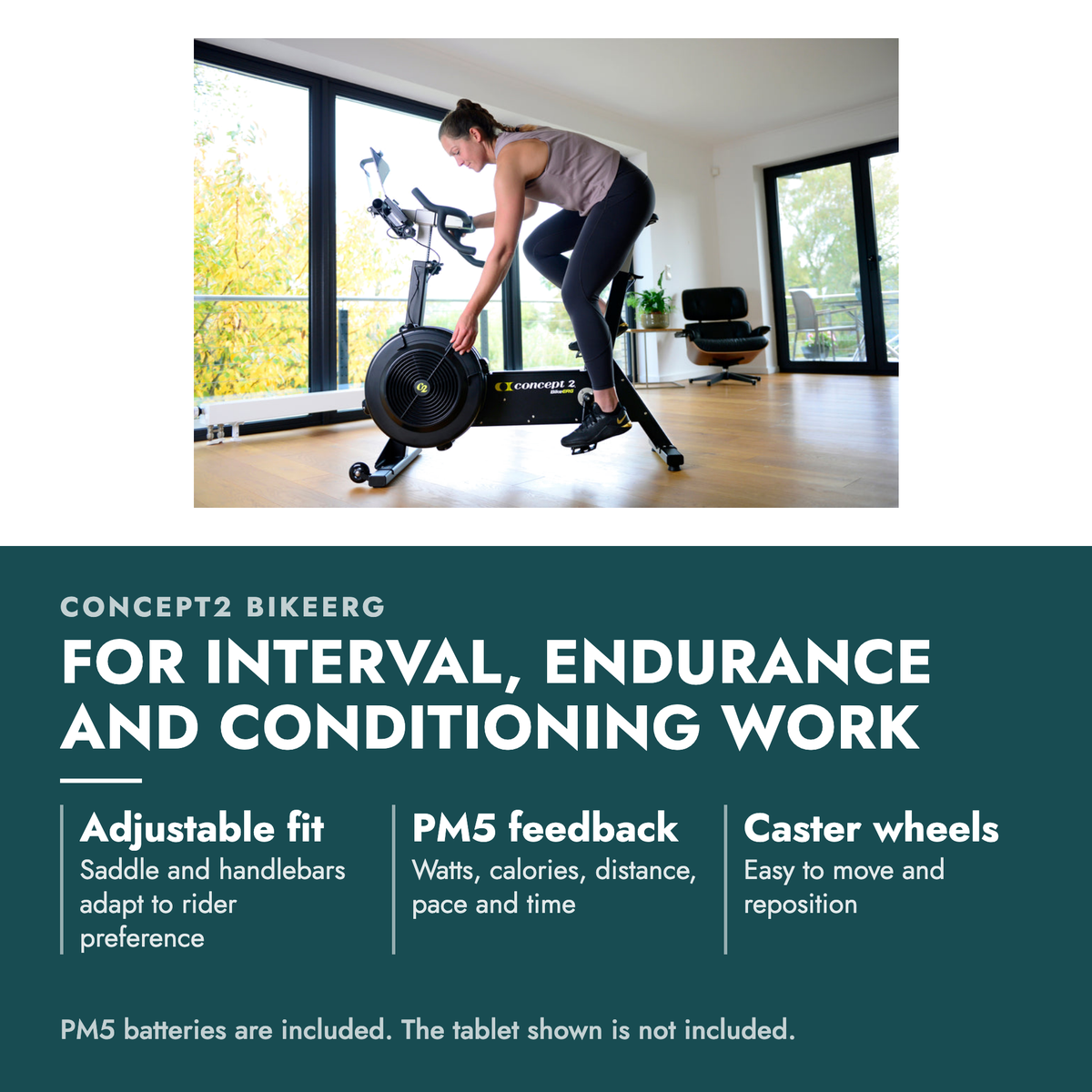 Concept2 BikeErg Exercise Bike. For interval, endurance and conditioning work. Adjustable fit: Saddle and handlebars adapt to rider preference; PM5 feedback: Watts, calories, distance, pace and time; Caster wheels: Easy to move and reposition. PM5 batteries are included. The tablet shown is not…