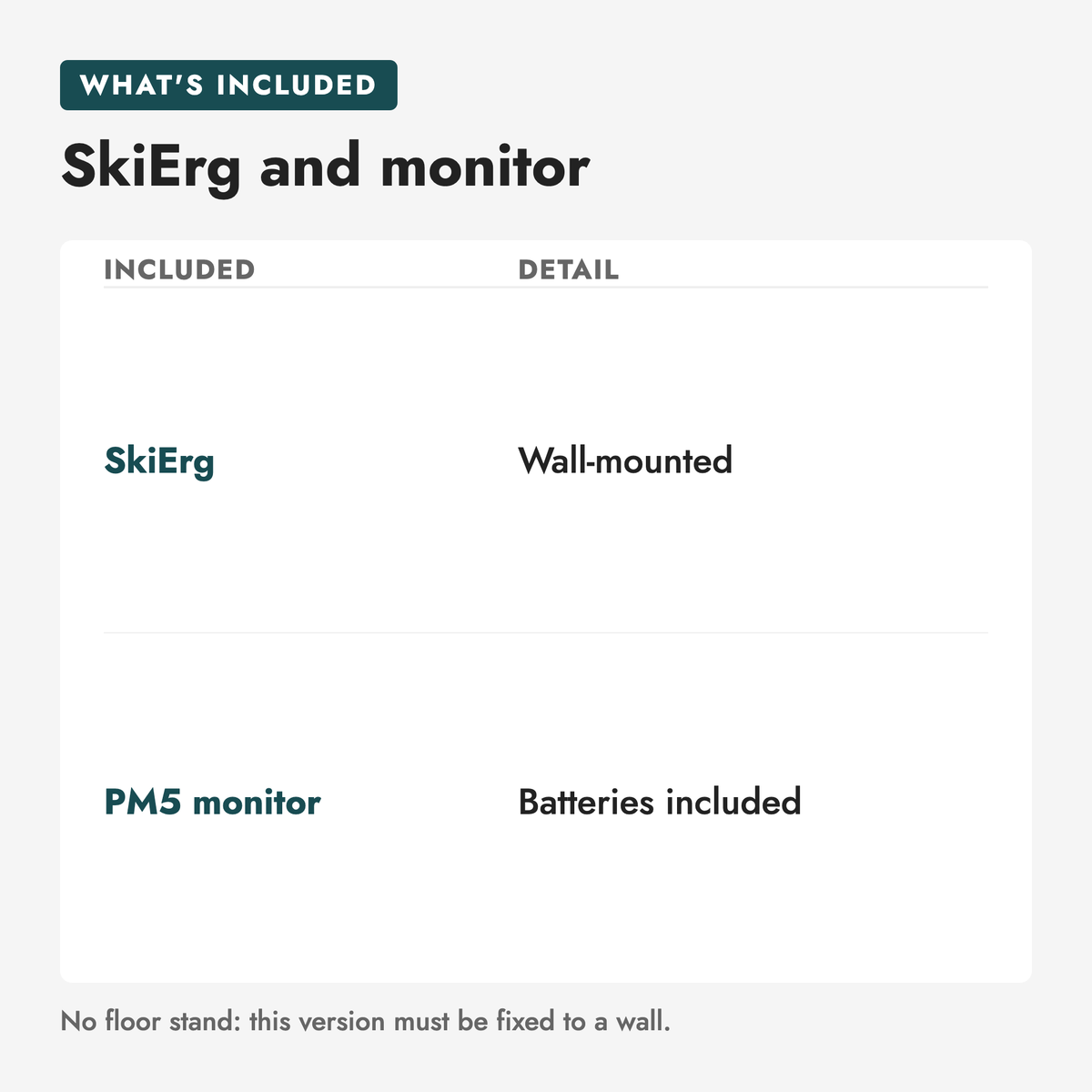 Concept2 SkiErg Cross-Country Ski Trainer. SkiErg and monitor (included, detail): SkiErg Wall-mounted; PM5 monitor Batteries included. No floor stand: this version must be fixed to a wall.