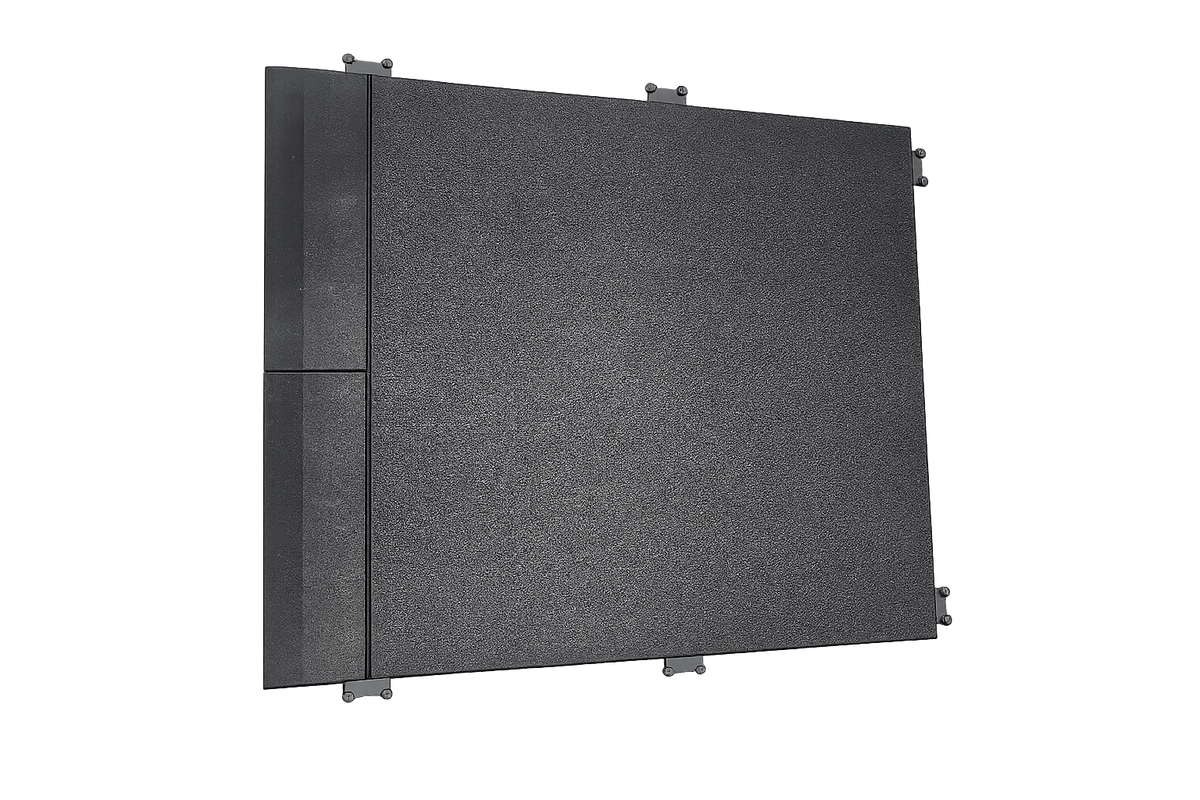 A rubber gym mat with edge pieces attached. You can see the plastic connectors where more mats can be attached