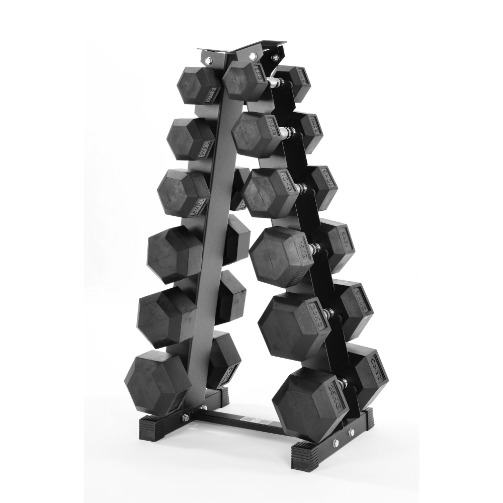 5kg-25kg Hex Dumbbell Set & 6 Tier Rack, in gym setup