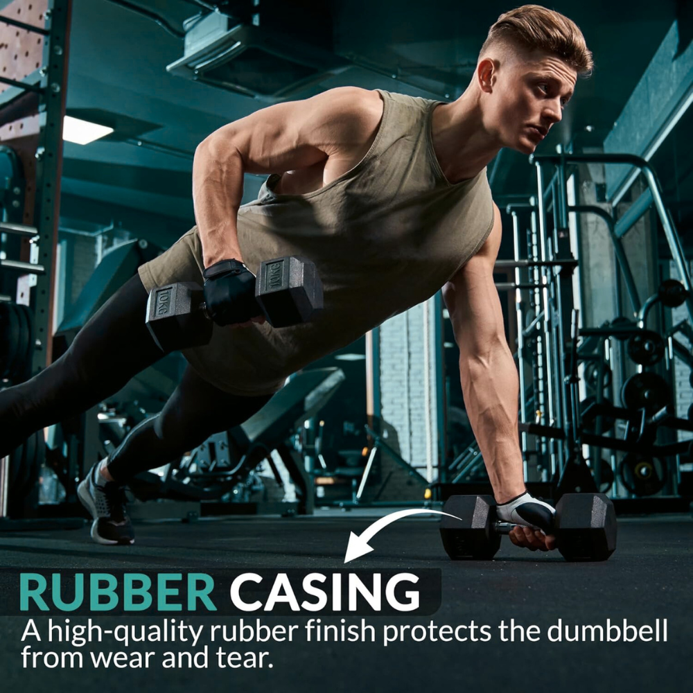Hex Rubber Dumbbell Pairs (KG), in use
