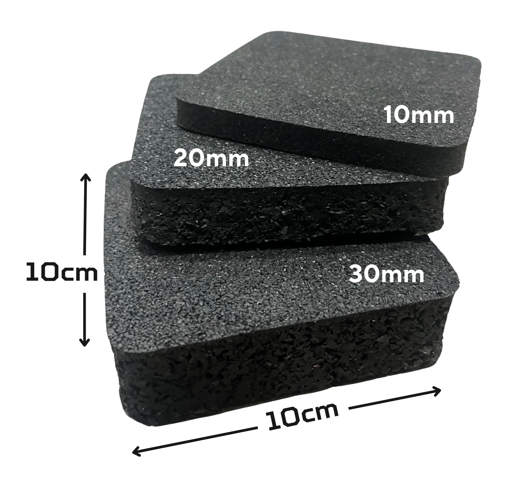 A picture showing samples of Equipped Gym's 10mm, 20mm and 30mm rubber gym mats