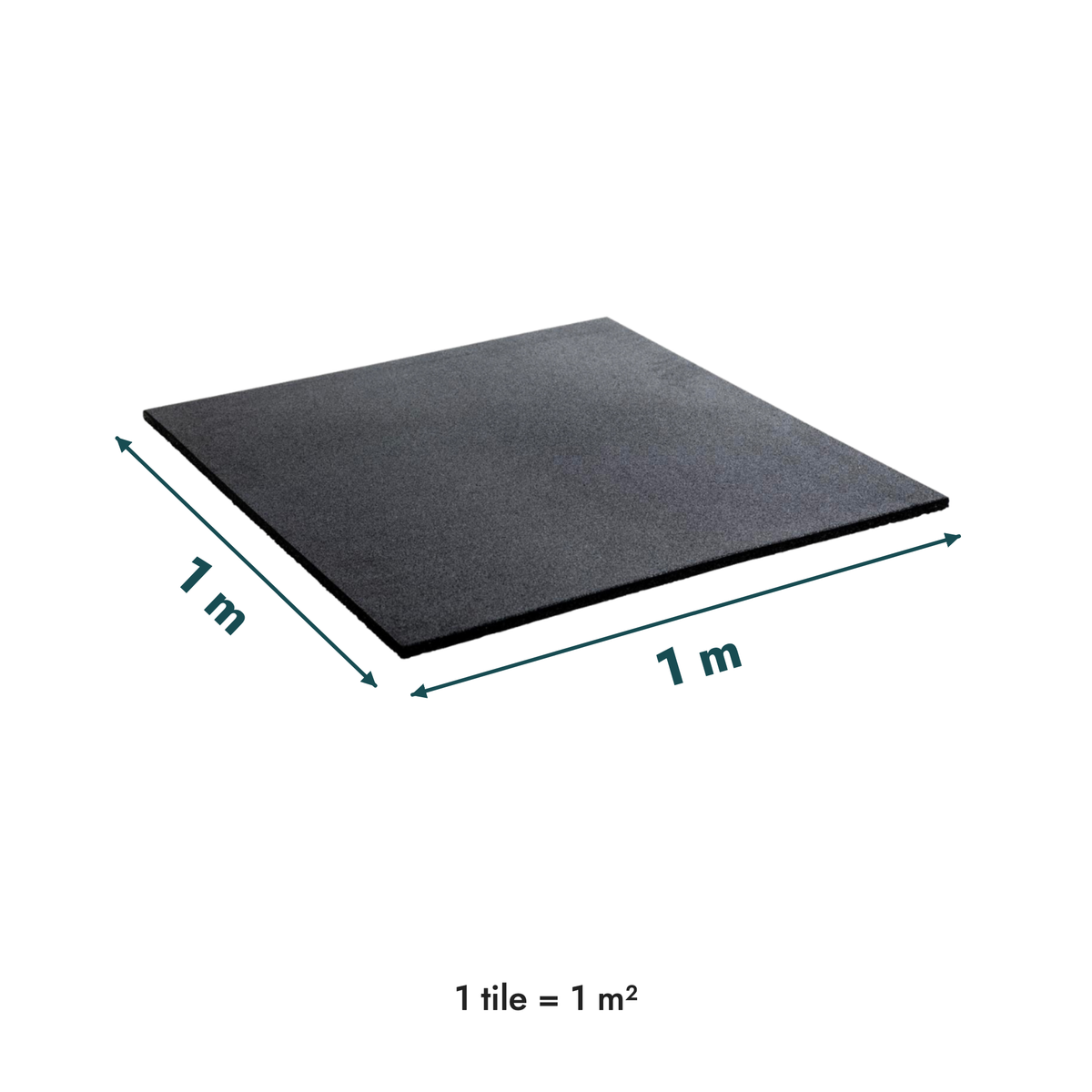 Black rubber gym flooring tile with 1 m by 1 m dimension arrows
