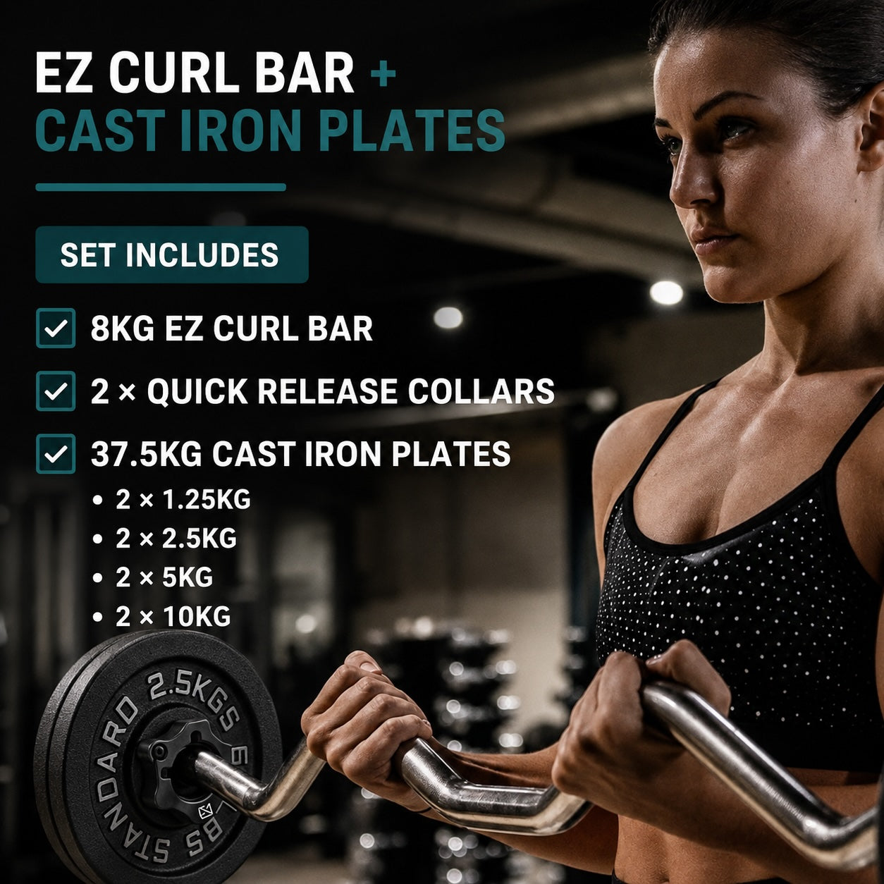 Olympic EZ Curl Bar Cast Iron Plates Bundle