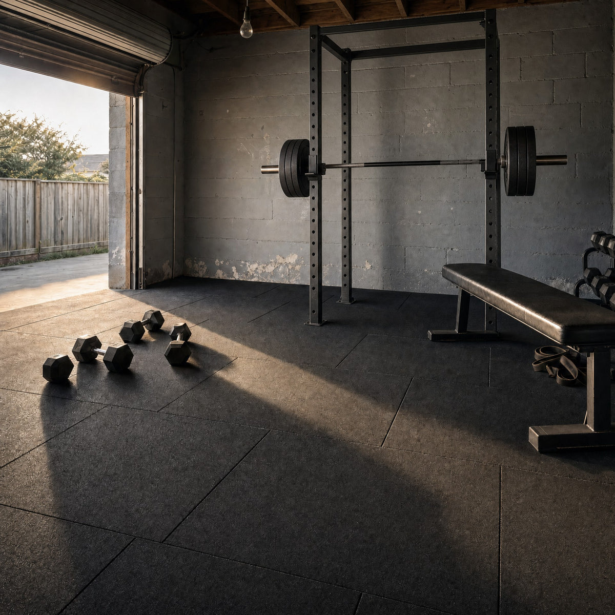 Black 1m x 1m rubber gym flooring mats laid brick pattern in a garage gym with a power rack, bench and dumbbells
