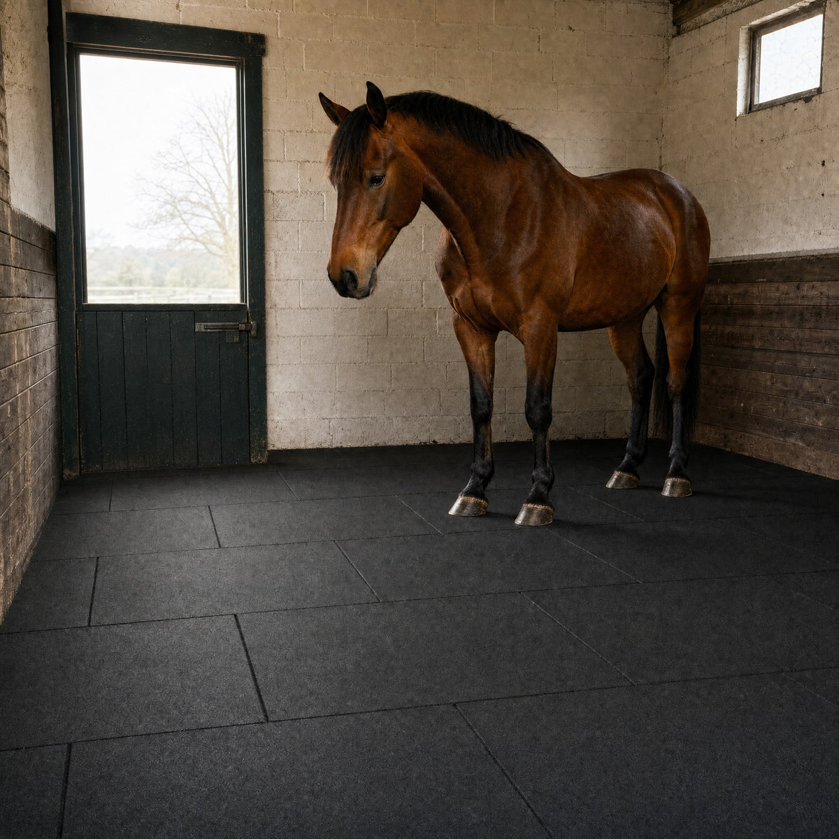 Bay horse standing on black 1m x 1m rubber stable mats laid brick pattern in a stable