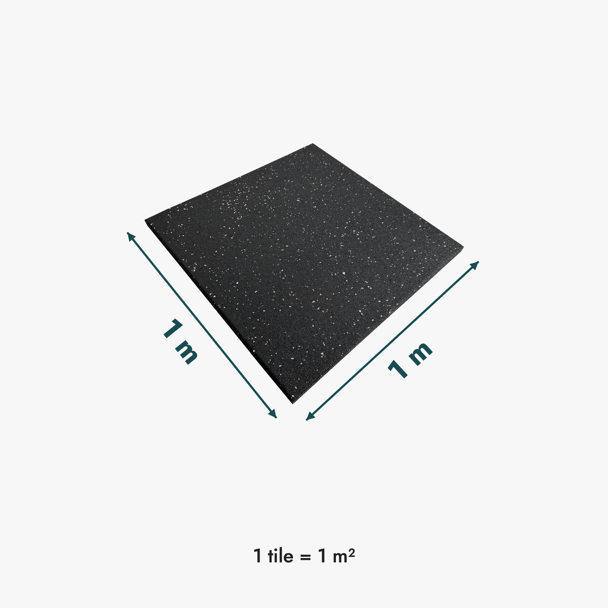 White fleck rubber gym flooring tile with 1 m by 1 m dimension arrows
