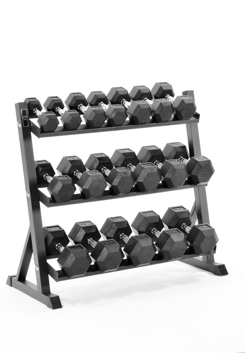 5kg-25kg Hex Dumbbell Set & 3-Tier Rack – Equipped Gym