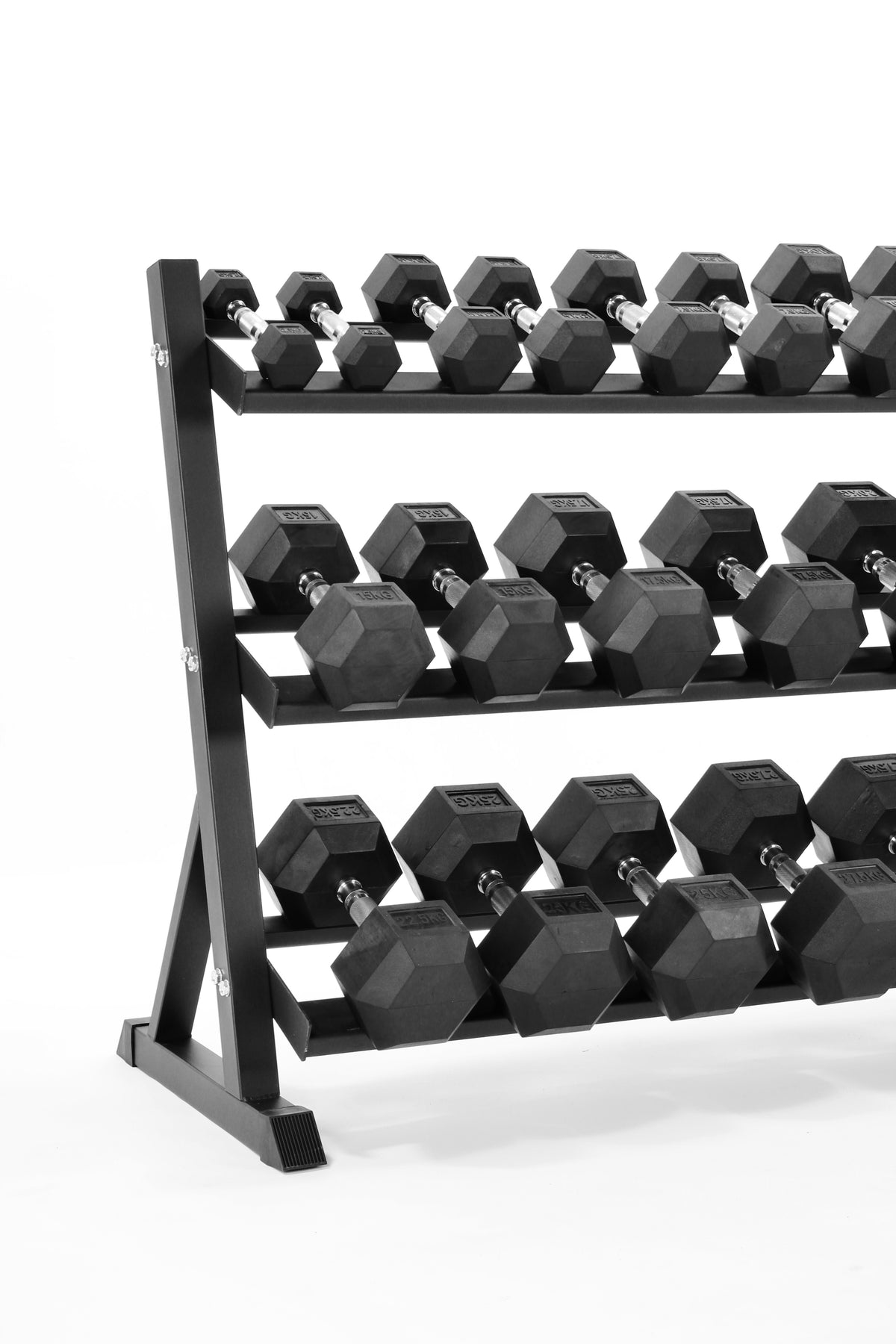 2.5kg-30kg Hex Dumbbell Set & 3-Tier Rack (2.5kg increments), in gym setup