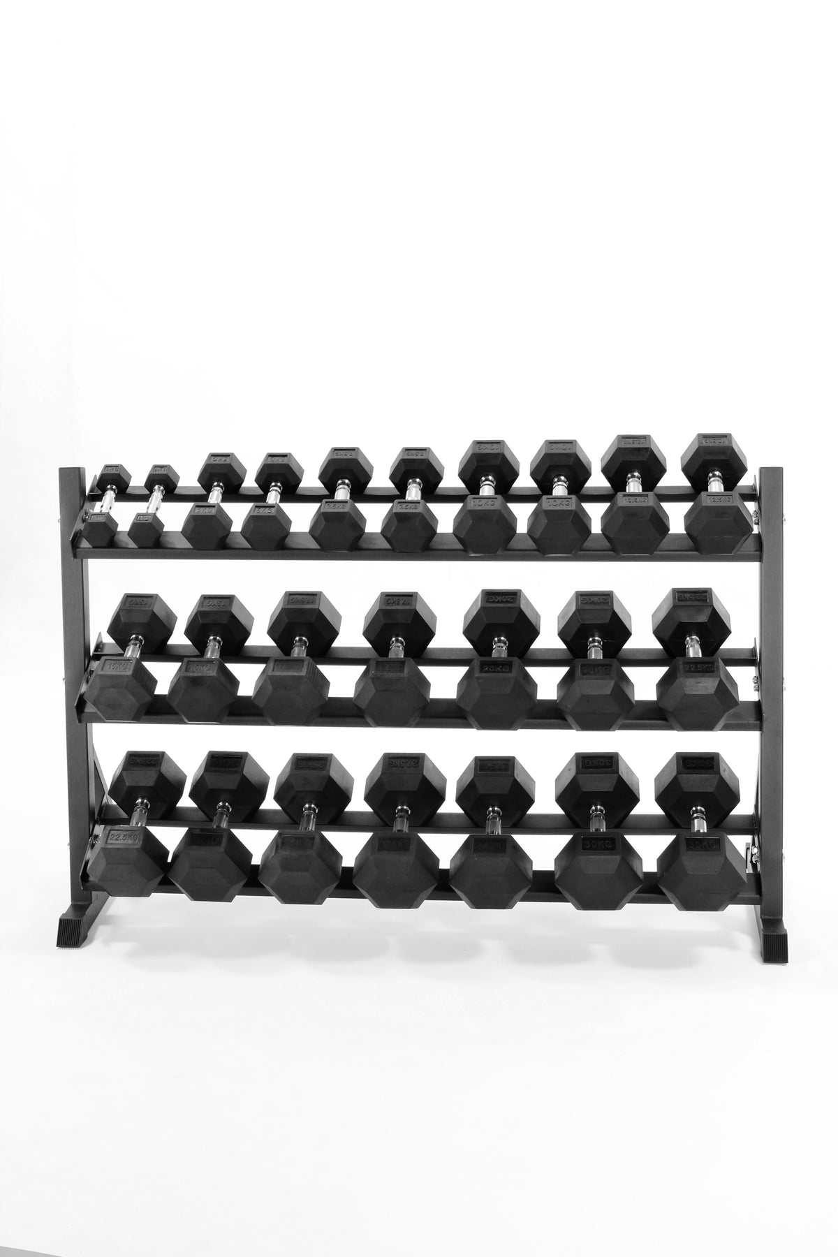 2.5kg-30kg Hex Dumbbell Set & 3-Tier Rack (2.5kg increments), scale reference