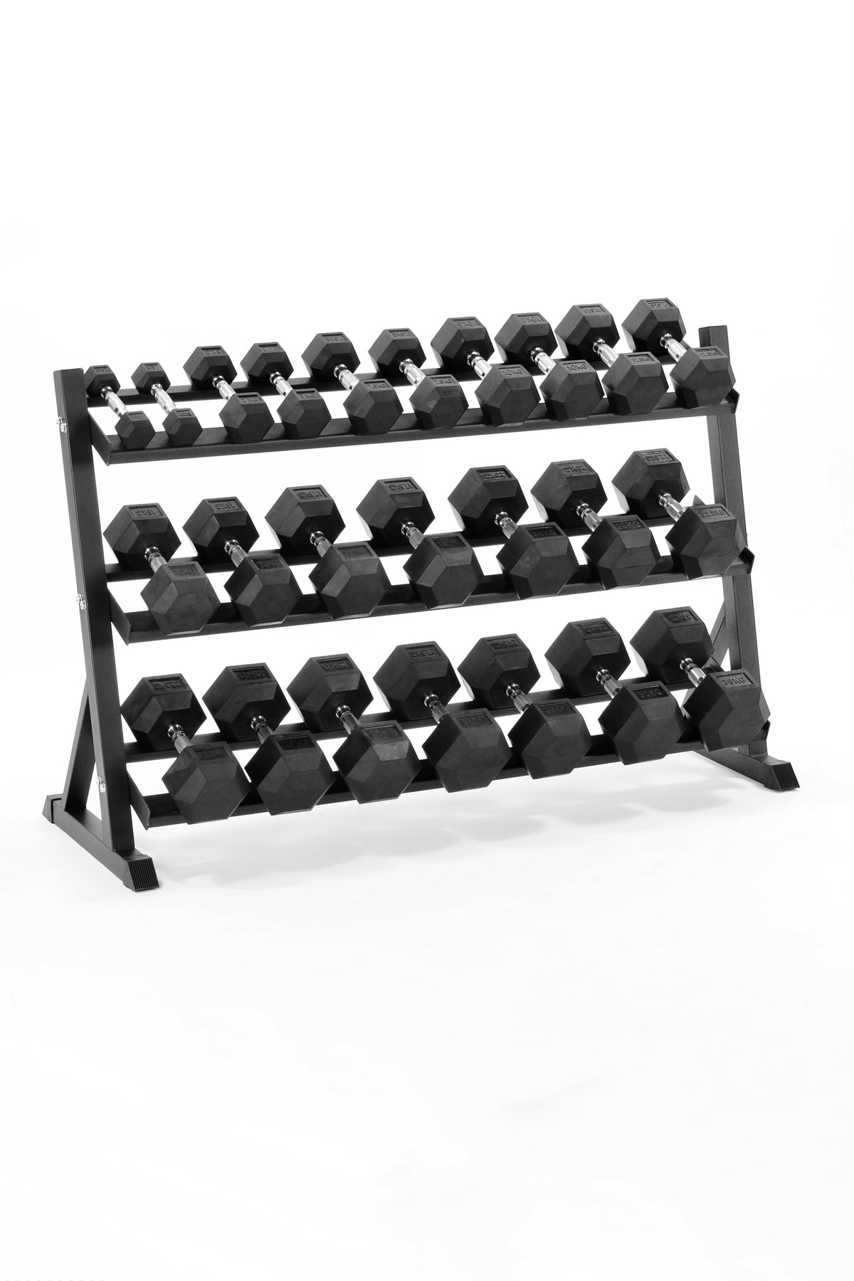 2.5kg-30kg Hex Dumbbell Set & 3-Tier Rack (2.5kg increments), side profile